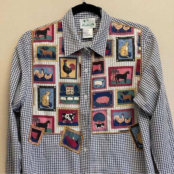 The Quacker Factory M long sleeve button down shirt gingham farm animals blue - Picture 2 of 8